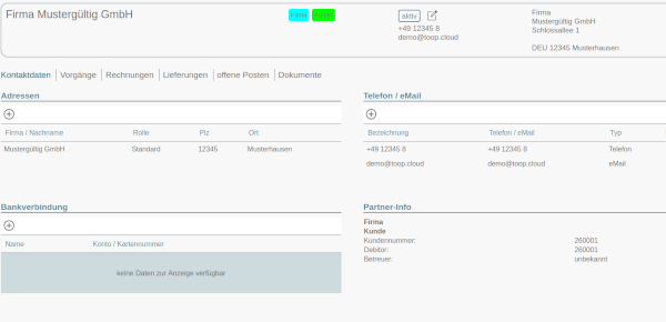 Übersicht in den Geschäftspartnern toop ERP